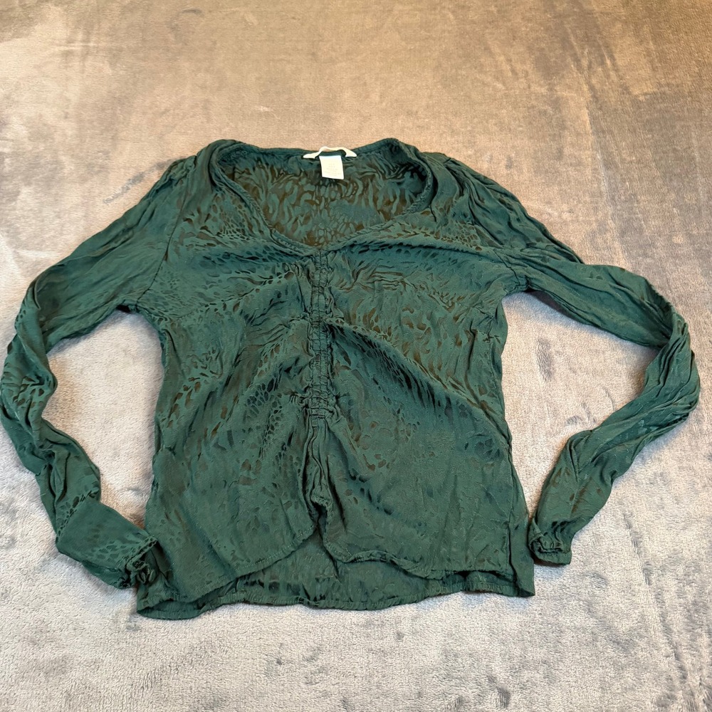 HM Dark Green Animal Print Ruched Front‎ V-Neck Blouse Womens Size 2